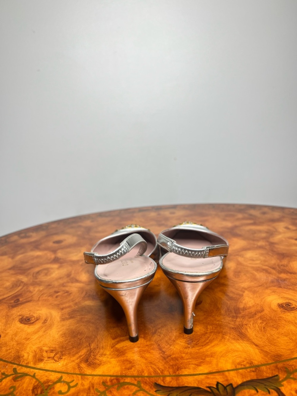 Metallic Silver Pointed Toe Slingback Flats with Gold Studs - Picture 2 of 7